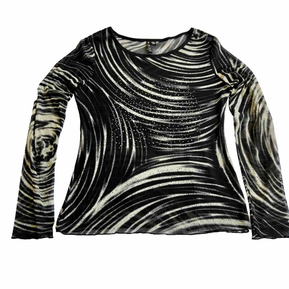 Women's AZI Abstract Black and White Long Sleeve Stretch Mesh Top